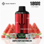 Red and Black Vape Device Labeled chupa Chups Watermelon Standing Upright Surrounded by Watermelon Slices and Ice Cubes on a White Background - Australia E-cigarette Store