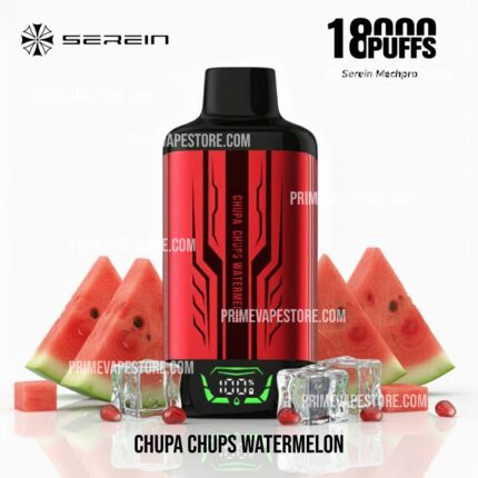Red and Black Vape Device Labeled chupa Chups Watermelon Standing Upright Surrounded by Watermelon Slices and Ice Cubes on a White Background - Australia E-cigarette Store