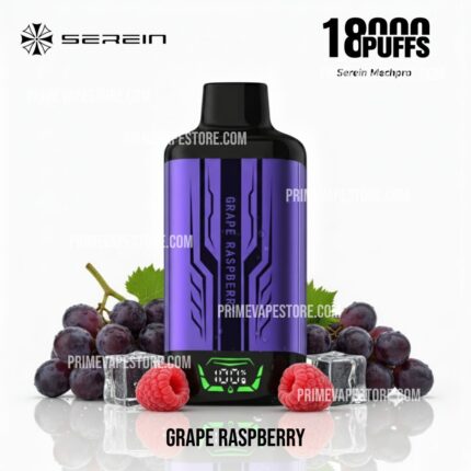 Purple Vape Mod Labeled grape Raspberry with a Digital Display Surrounded by Grapes and Raspberries to Suggest Flavor - Australia E-cigarette Store