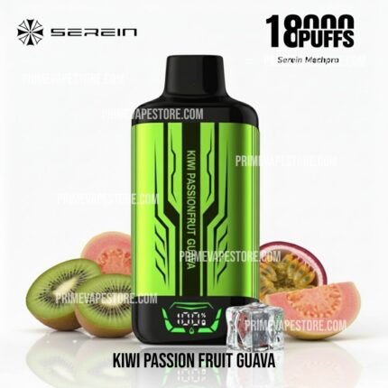 Vape Bottle of Kiwi Passionfruit Guava Flavor with Sliced Kiwi and Tropical Fruits on a White Background - Australia E-cigarette Store