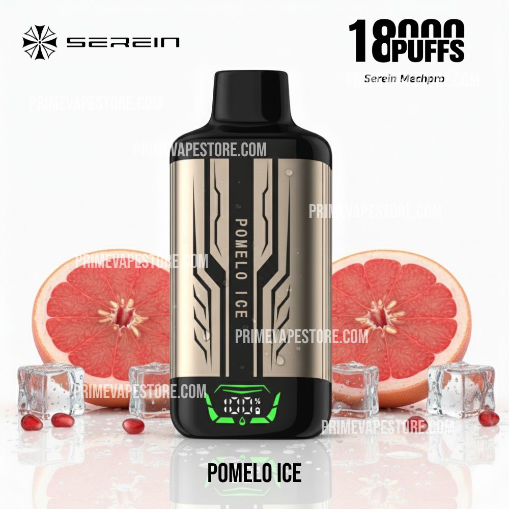Serein-mech-pro-18000-puffs-pomelo-icejpg - Australia E-cigarette Store Pomelo Ice Vape Device with Blackgold Body and Green Digital Display Surrounded by Grapefruit Halves and Ice - Australia E-cigarette Store