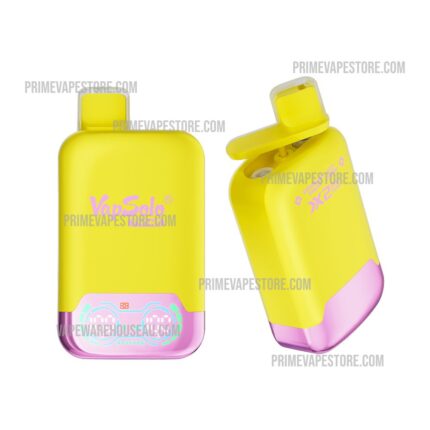 Bright Yellow Compact Vape Device with Pink Base Shown from Front and Angled Side View with a Translucent Mouthpiece Cap - Australia E-cigarette Store