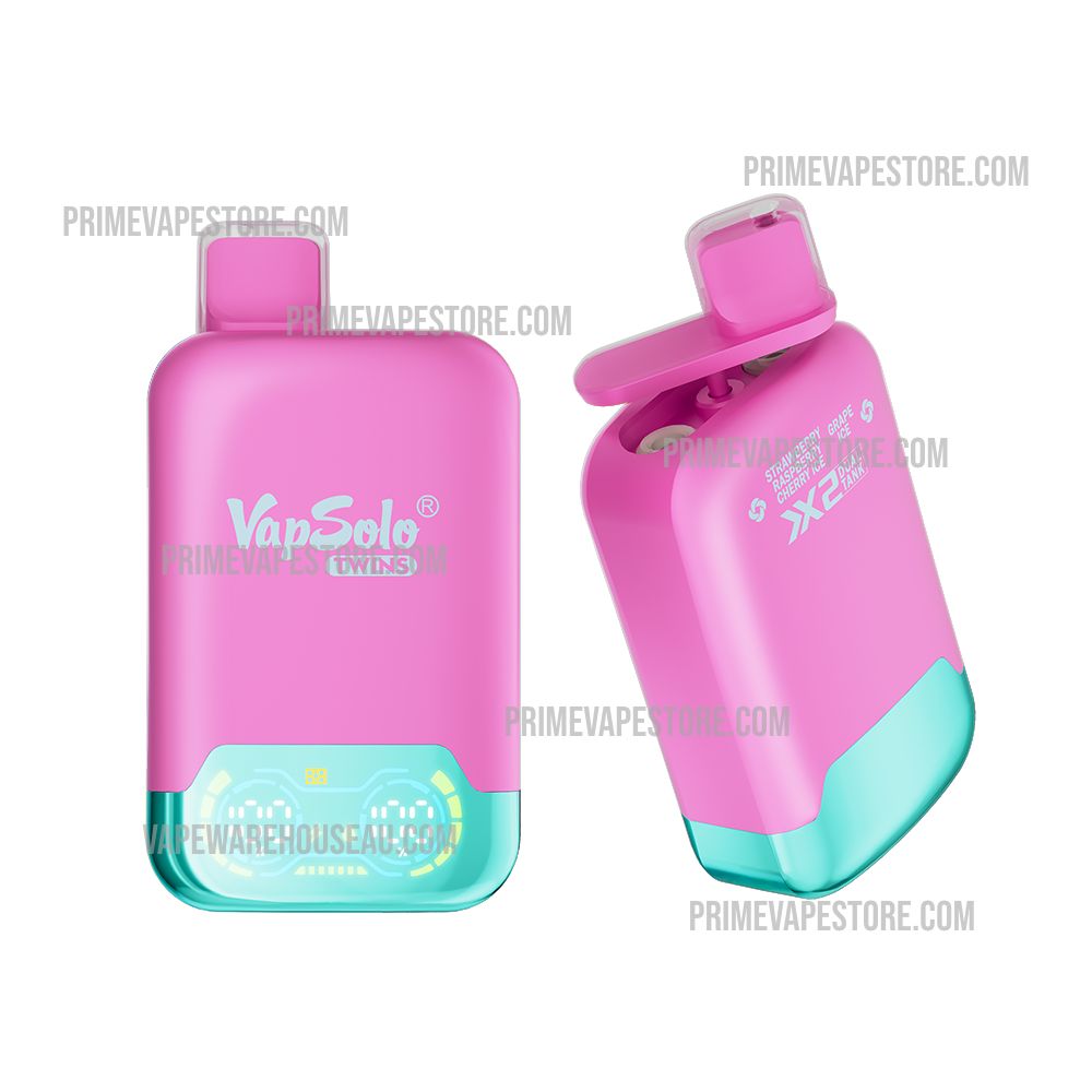 Strawberry-raspberry-cherry-ice-grape-icejpg - Australia E-cigarette Store Pink Rectangular Vape Pod with Turquoise Base and Open Lid Showing Vapsolo Twins Branding - Australia E-cigarette Store