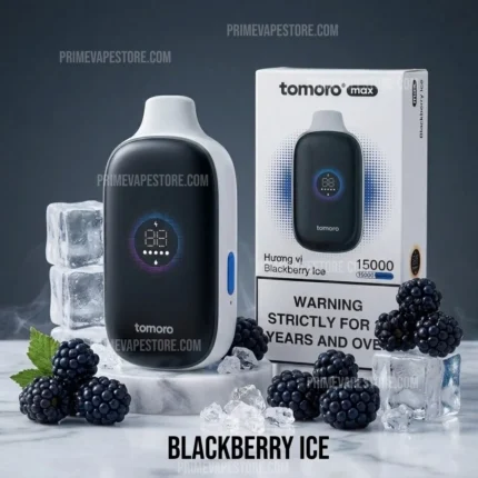 Tomoro Max vape device with its Blackberry Ice flavor box, set among ice cubes and blackberries on a marble surface.