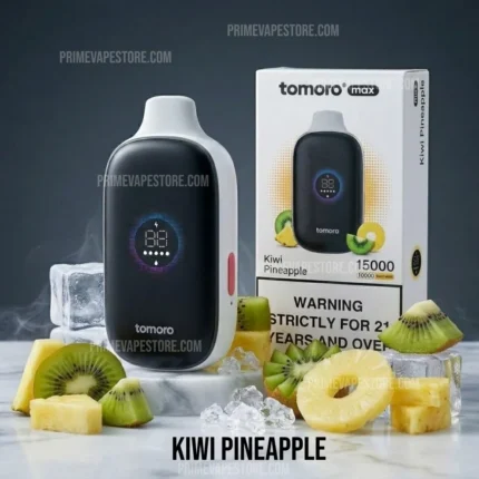 Tomoro Max vape device shown with its Kiwi Pineapple flavor box, surrounded by kiwi and pineapple slices and ice cubes on a marble surface.