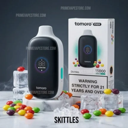 Tomoro Max vape device displayed beside a Skittles flavor box, surrounded by ice cubes and colorful candies.