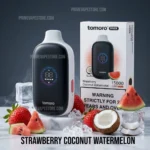 Vape Device with Strawberry Coconut Watermelon Flavor Shown with Packaging and Fruit Slices on an Icy Display advertisement - Australia E-cigarette Store