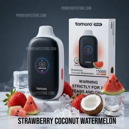 Vape device with strawberry coconut watermelon flavor, shown with packaging and fruit slices on an icy display (advertisement).