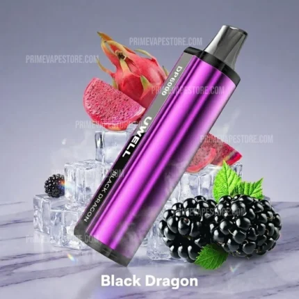 Purple vape pen labeled Black Dragon resting on ice cubes with dragon fruit and blackberries in the background.