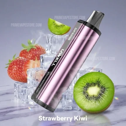 Pink metallic vape pen leaning on ice cubes with sliced kiwi and strawberries in the background (Strawberry Kiwi flavor).