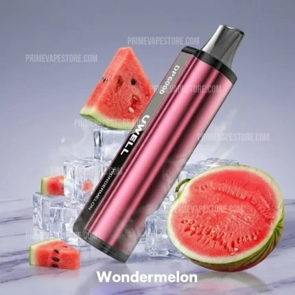 Pink metallic vape pen angled beside watermelon slices and ice, flavor Wondermelon.
