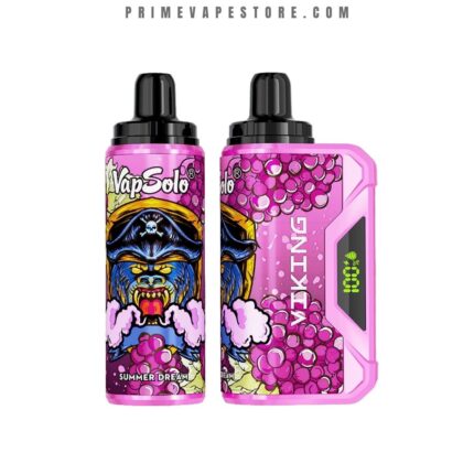 Pink Vapsolo Vape Kit with Two Bottles Featuring a Cartoon Monster and Purple Grape Bubble Artwork Label Reads Summer Dream on the Bottle and Device Display Shows 100 - Australia E-cigarette Store