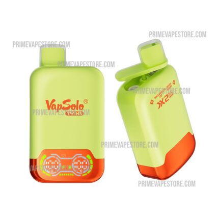 Two Views of a Lime-yellow Vapsolo Twins Disposable Vape with an Orange Bottom Shown Front and Angled Side - Australia E-cigarette Store