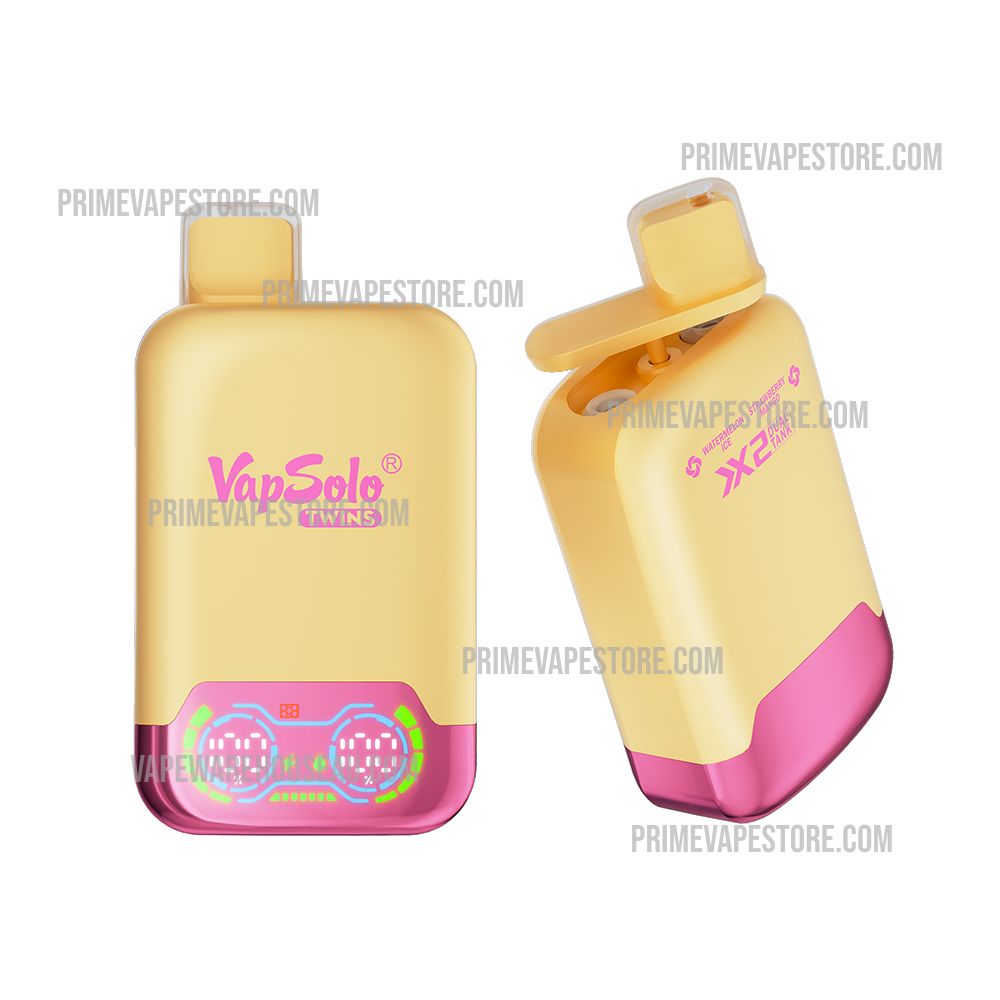 Watermelon-ice-strawberry-mangojpg - Australia E-cigarette Store Yellow and Pink Disposable Vape Pod with Pink Base Shown Upright and Angled Quotes Vapsolo Twins Design - Australia E-cigarette Store