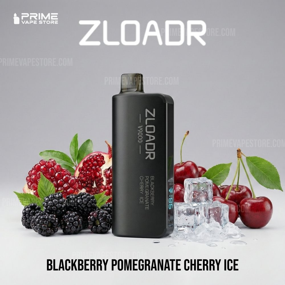 Zloadr-v9000-puffs-blackberry-pomegranate-cherry-icewebp - Australia E-cigarette Store Compact Black Zlodar Vape Device Standing Upright Surrounded by Blackberries Raspberries Cherries and Ice Cubes Flavor Label at Bottom Reads blackberry Pomegranate Cherry Ice - Australia E-cigarette Store