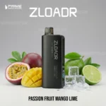 Zloadr Vape Device Standing Upright with Passion Fruit Mango and Lime Fruits Surrounding It and Ice Cubes Advertising Flavor passion Fruit Mango Lime with prime Vape Store Branding in the Background - Australia E-cigarette Store