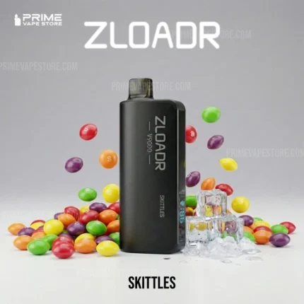 ZLADOR vape mod standing upright among colorful Skittles with ice cubes and Prime Vape Store branding in the background.