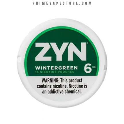 ZYN Wintergreen nicotine pouches tin with green label and warning text on white background (6 mg).