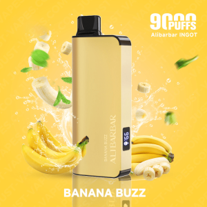 Banana Buzz Disposable Vape Device Upright on a Bright Yellow Background with Banana and Lime Imagery Branding Text Visible - Australia E-cigarette Store
