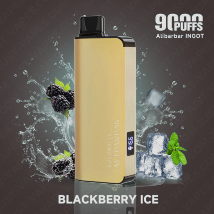 Gold Vape Mod with Black Cap Showing Blackberry Ice Flavor and a Digital Display Surrounded by Ice and Blackberries - Australia E-cigarette Store