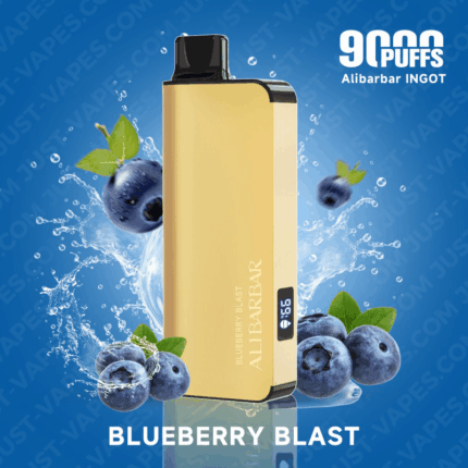 Gold Vape Device Upright with Blueberries and Splash on Blue Background Label Reads blueberry Blast and 90puffs - Australia E-cigarette Store