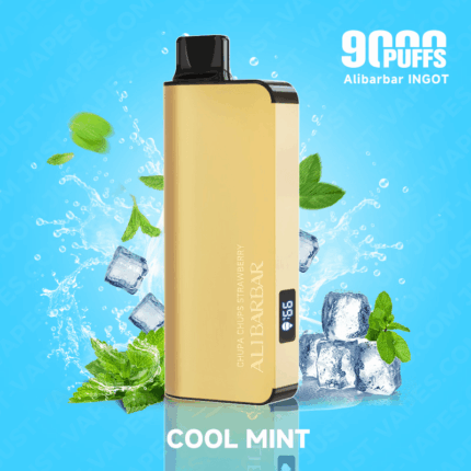 Gold-colored Disposable Vape Device Labeled Cool Mint all Bar with Mint Leaves and Ice Cubes Set Against a Bright Blue Background - Australia E-cigarette Store