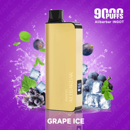 Gold Vape Device with Black Mouthpiece Standing on a Purple Background Flavor Grape Ice 90 Puffs Branding Surrounded by Grapes and Ice - Australia E-cigarette Store