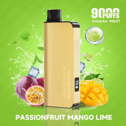Gold Vape Device with passionfruit Mango Lime Label Set Against a Bright Green Background with Fruit Illustrations and Splash Effects Advertising the E-liquid Flavor - Australia E-cigarette Store