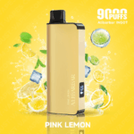 Gold Disposable Vape Device with a Digital Screen Labeled Pink Lemon All Barbar on a Bright Yellow Background with Lemon and Lime Imagery flavor Pink Lemon - Australia E-cigarette Store
