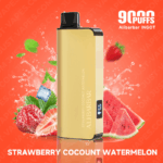 Gold Vape Device with Allbar Branding and Flavor Strawberry Coconut Watermelon Set Against an Orange Background with Strawberry and Watermelon Imagery and Splash Effects - Australia E-cigarette Store