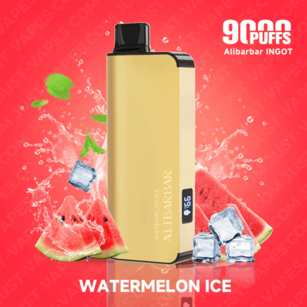 Gold Vape Device with Black Mouthpiece Surrounded by Watermelon Slices Ice Cubes and Splash Effects on a Pink Background Flavor Watermelon Ice 90 Puffs - Australia E-cigarette Store