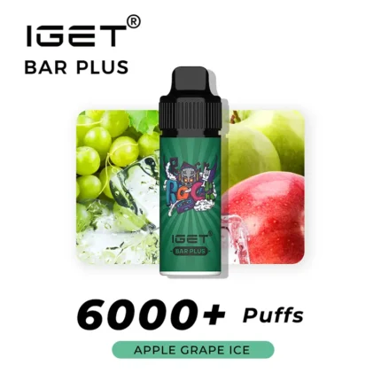 IGET Bar Plus e-liquid bottle centered, flanked by apple-grape ice imagery; 6000+ puffs, flavor: Apple Grape Ice (green and red fruit background).