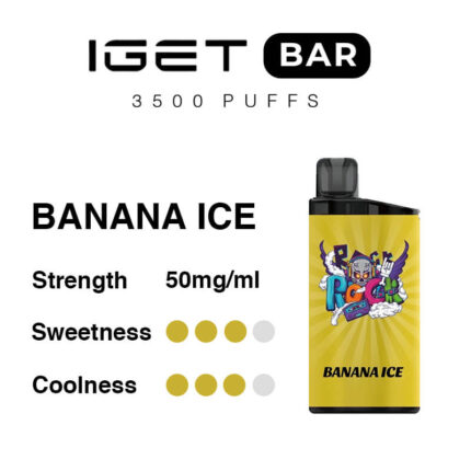 IGET BAR 3500 Puffs branding with Banana Ice flavor; yellow vape device shown.