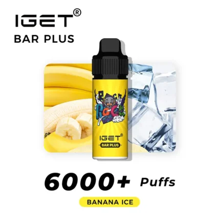 IGET BAR PLUS yellow vape bottle with cartoon label, flanked by banana and ice imagery, with text reading '6000+ Puffs' and flavor 'BANANA ICE' beneath.