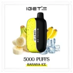 Iget K5000 Disposable Vape in Yellow and Black Banana Ice Flavor with Banana Pieces and Ice Cubes Behind It - Australia E-cigarette Store