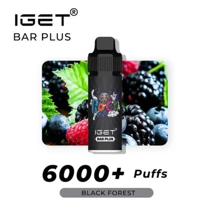 Iget Bar Plus Vape Device Centered on a Berry Background Features 6000+ Puffs and black Forest Text - Australia E-cigarette Store
