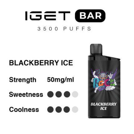 IGET BAR Blackberry Ice product label showing 3500 puffs and 50 mg/ml, with a black vape device illustration.