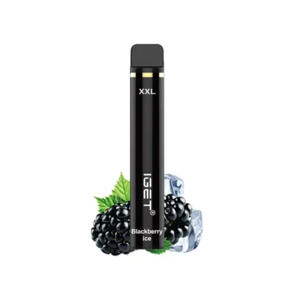Disposable vape device standing upright with a black body labeled XXL, Blackberry Ice flavor beneath berries and ice imagery