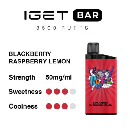 IGet Bar 3500 Puffs disposable vape: Blackberry Raspberry Lemon, 50 mg/ml, sweetness 3/4, coolness 3/4, red label with artwork.