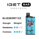 Iget Bar 3500 Puffs Label Displaying Blueberry Ice Flavor with a Blue Vape Device on the Right and Strength 50 Mgml Flavor Ratings Shown As Dots - Australia E-cigarette Store