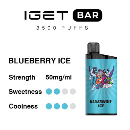 IGET BAR 3500 Puffs label displaying Blueberry Ice flavor, with a blue vape device on the right and strength 50 mg/ml; flavor ratings shown as dots.