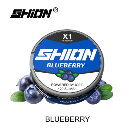 Tin of Shiton X1 Blueberry Nicotine Pouches with Blueberries Around the Base and the Shiton Logo at Top Left - Australia E-cigarette Store