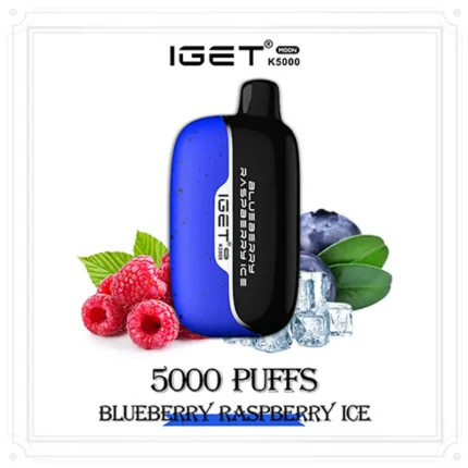 Iget K5000 Disposable Vape in Blue and Black Flavor Blueberry Raspberry Ice 5000 Puffs Shown with Raspberries and Ice Cubes - Australia E-cigarette Store