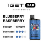 Device Label Iget Bar 3500 Puffs with a Blueberry Raspberry Flavor and a Blue Vape Device Depicted to the Right - Australia E-cigarette Store
