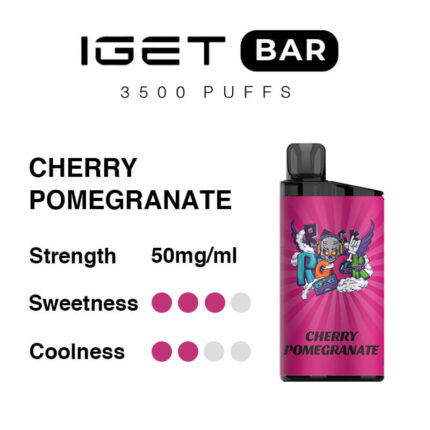 IGET BAR 3500 Puffs label: Cherry Pomegranate flavor, 50 mg/ml; sweetness and coolness show pink dots; pink vape device on right.