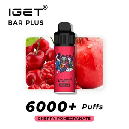 IGET Bar Plus e-liquid bottle with cherry and pomegranate flavor, flanked by fruit imagery and '6000+ Puffs' text