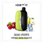 Vape Pod Device iget K5000 in Lime-green and Black Surrounded by Cherries and Pear with Ice Flavor Cherry Snow Pear Ice 5000 Puffs - Australia E-cigarette Store