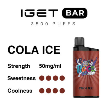 IGET BAR Cola Ice disposable vape: 3500 puffs, 50 mg/ml; sweetness and coolness rated with four dots; device shown to the right.