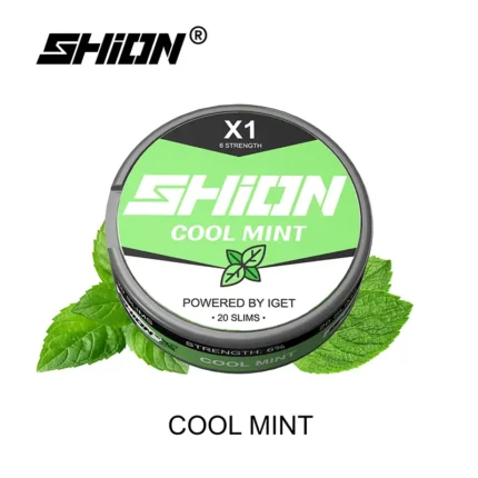 Tin of Shion X1 Cool Mint Gum with a Green Label Mint Leaves in the Background - Australia E-cigarette Store