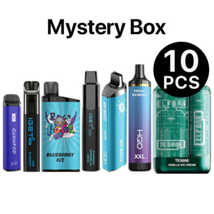 Row of ten vaping devices and e-liquid bottles with a large 'Mystery Box' label and a black '10 PCS' badge.
